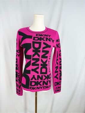 DKNY Women Size S Hot Pink Black All Over Logo Jacquard Ribbed Knit Crew Sweater
